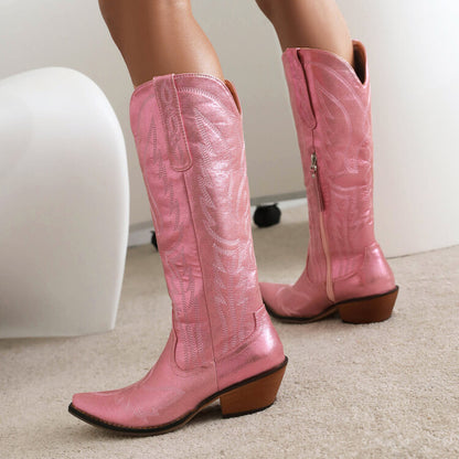 Cowboy Pointed Toe Beveled Heel Patent Mid Calf Western Boots for Women