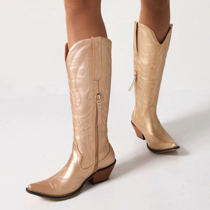 Cowboy Pointed Toe Beveled Heel Patent Mid Calf Western Boots for Women