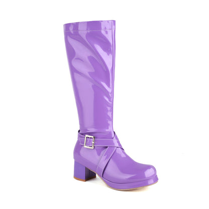 Glossy Square Toe Buckle Straps Block Chunky Heel Platform Knee-High Boots for Women