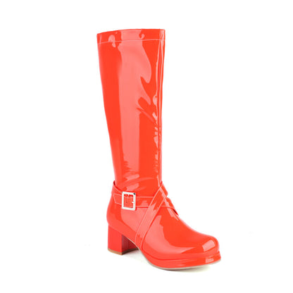 Glossy Square Toe Buckle Straps Block Chunky Heel Platform Knee-High Boots for Women