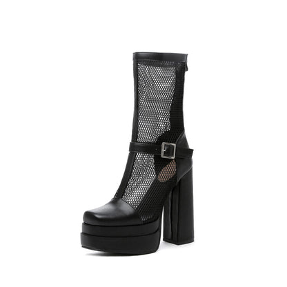 Square Toe Mesh Buckle Zipper Block Platform Mid Calf Boots for Women