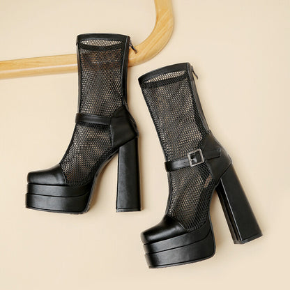 Square Toe Mesh Buckle Zipper Block Platform Mid Calf Boots for Women