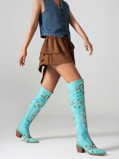 Oriental Embroidery Pointed Toe Beveled Heel Over-The-Knee Boots for Women