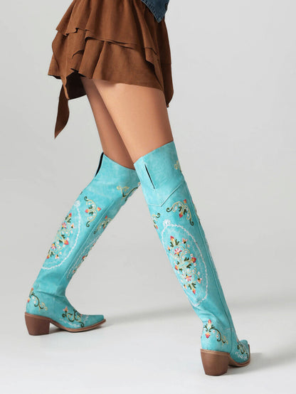 Oriental Embroidery Pointed Toe Beveled Heel Over-The-Knee Boots for Women