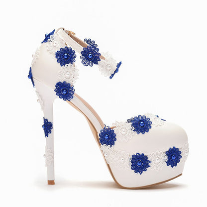 Women Lace Round Toe Bridal Wedding Stiletto Heel Platform Sandals