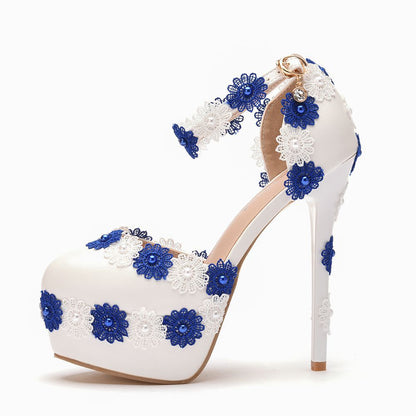 Women Lace Round Toe Bridal Wedding Stiletto Heel Platform Sandals