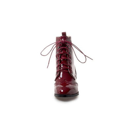 Round Toe Patent Leather Lace Up Women's Ankle Boots