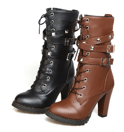 Round Toe Mid Calf Boots Zipper Lace Up Motorcycle Boots Women Shoes