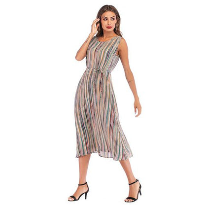 Round Collar Vertical Striped Sleeveless Vest Skirt Color Striped Straps Women Dresses