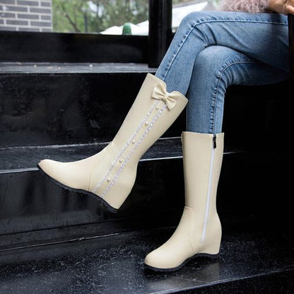 Women Bowtie Wedges Knee High Boots