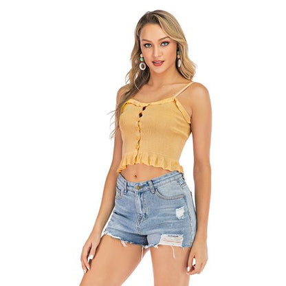 Sweet Pleated Ruffle Sleeveless Short Halter Women Top Tank