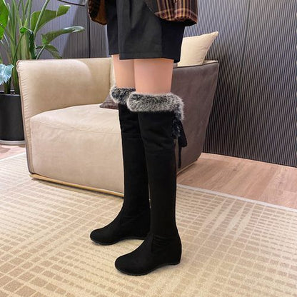 Women Fur Over the Knee Wedges Heels Boots