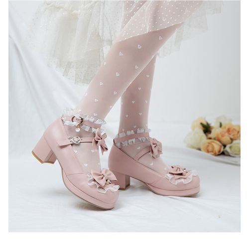 Women Lolita Chunky Heel Pumps Mary Janes Shoes with Bowtie