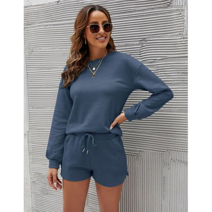 Women Long Sleeve T Shirt Tops Shorts Solid Color Home Two-piece Suit