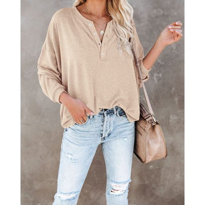 Women Solid Color Half-open Buckle V-neck Long Sleeved T-shirt