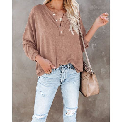 Women Solid Color Half-open Buckle V-neck Long Sleeved T-shirt