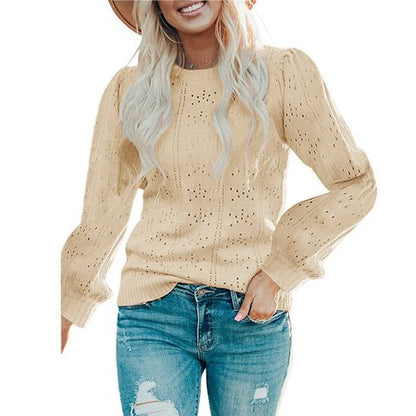 Women Hollow Long Sleeve Pullover Bubble Sleeve Sweater