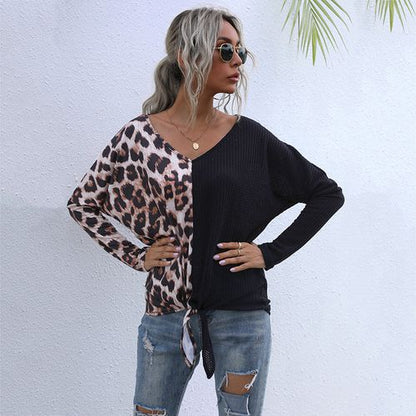 Women Leopard Print Stitching Color Contrast Top Long Sleeved T Shirt