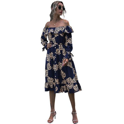 Women Off Shoulder Floral Printed Long Sleeved Dress