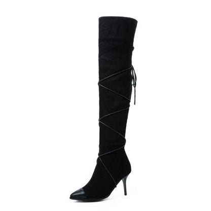 Women Pointed Toe Suede High Heels Knee High Boots