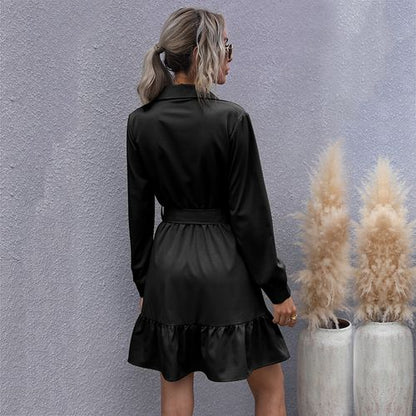 Women Solid Color Pleated Long Sleeved Dress with Belt