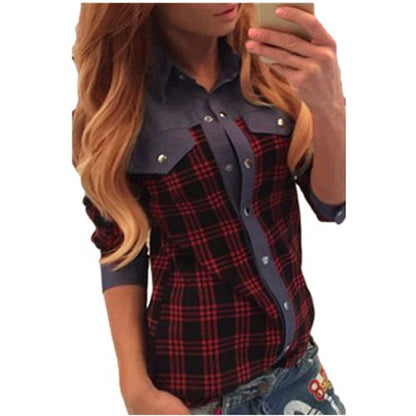 Denim Stitching Plaid Spring Slim Casual Women Blouses