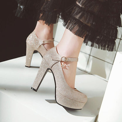 Super High Heel Ankle Strap Platform Pumps