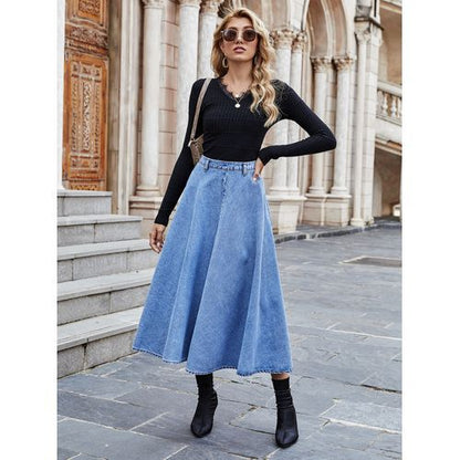 Ins Fashion Elegant All-matched Dip Hem High Waist Denim Long Women Skirts