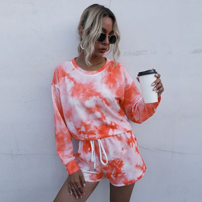 Womens Tie Dye Printing Leisure Home Top and Shorts Two-piece Set Sportswear