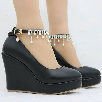 Women Round Toe Pearls Beads Tassel Wedge Heel Platform Pumps