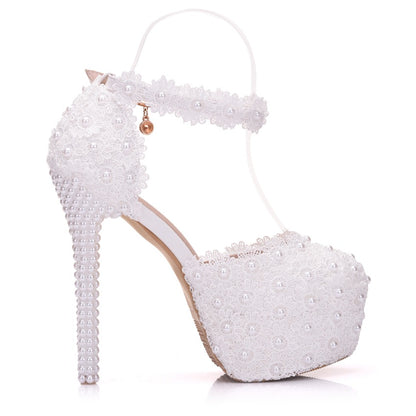 Women Lace Pearls Stiletto Heel Bridal Wedding Platform Sandals