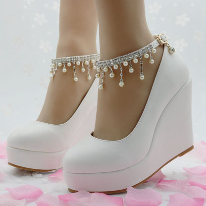 Women Round Toe Pearls Beads Tassel Wedge Heel Platform Pumps