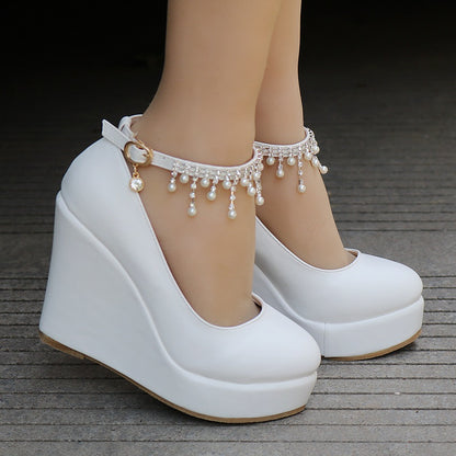 Women Round Toe Pearls Beads Tassel Wedge Heel Platform Pumps