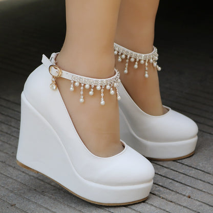 Women Round Toe Pearls Beads Tassel Wedge Heel Platform Pumps