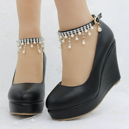 Women Round Toe Pearls Beads Tassel Wedge Heel Platform Pumps