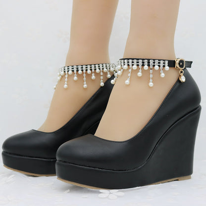 Women Round Toe Pearls Beads Tassel Wedge Heel Platform Pumps