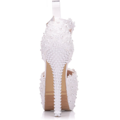 Women Lace Pearls Stiletto Heel Bridal Wedding Platform Sandals