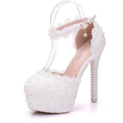 Women Lace Pearls Stiletto Heel Bridal Wedding Platform Sandals