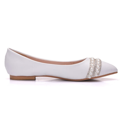 Women Pointed Toe Shallow Tassel Pearls Rhinestone Bridal Wedding Shoes Flats