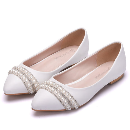 Women Pointed Toe Shallow Tassel Pearls Rhinestone Bridal Wedding Shoes Flats