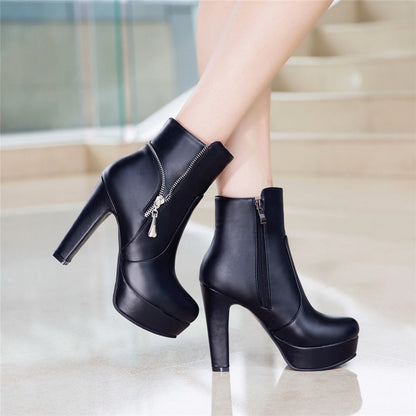 Faux Leather Zipper High Heels Platform Boots 7380