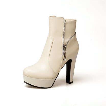 Faux Leather Zipper High Heels Platform Boots 7380