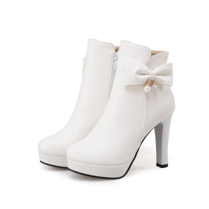 Pearl Bow High Heels Boots for Women 2425