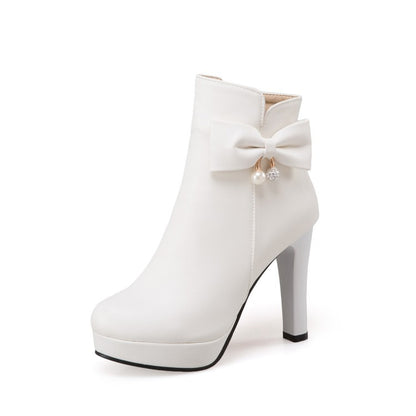 Pearl Bow High Heels Boots for Women 2425