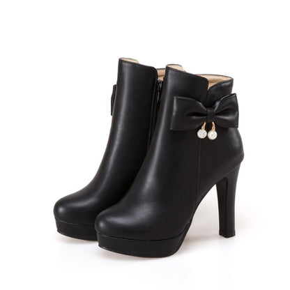 Pearl Bow High Heels Boots for Women 2425