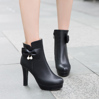 Pearl Bow High Heels Boots for Women 2425