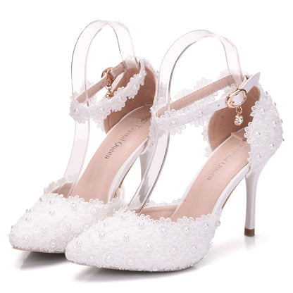 Women Lace Flora Rhinestone Tassel Ankle Strap Bridal Wedding Shoes Stiletto Heel Sandals