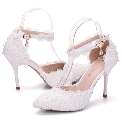 Women Lace Flora Rhinestone Tassel Ankle Strap Bridal Wedding Shoes Stiletto Heel Sandals