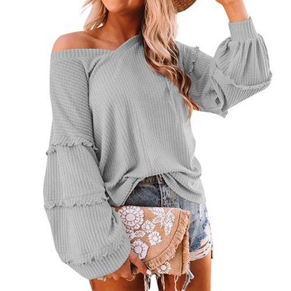 Womens Waffle Lantern Sleeve Ruffled V-neck T Shirt Long Sleeved Top