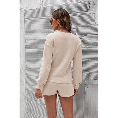 Women Long Sleeve T Shirt Tops Shorts Solid Color Home Two-piece Suit